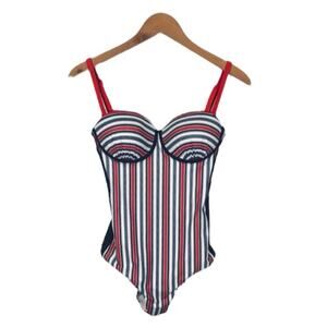 Smeralda One Piece Striped Swimsuit Size Medium Retro Pinup Molded Cup Preppy